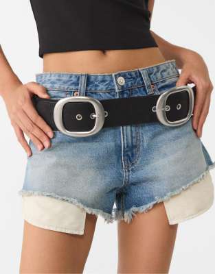 Stradivarius wide double buckle belt in black - view 1