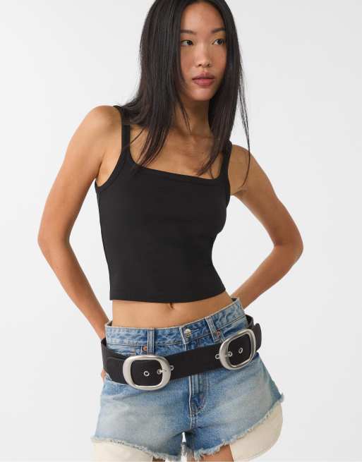 Stradivarius wide double buckle belt in black