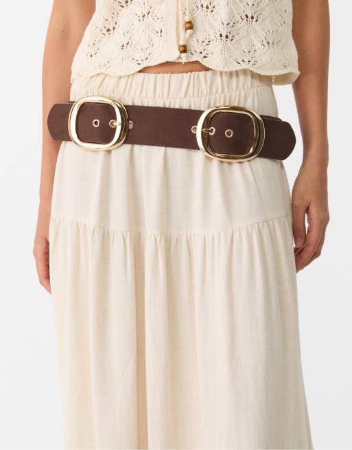 Stradivarius wide double buckle belt in brown