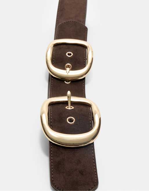 Stradivarius wide double buckle belt in brown