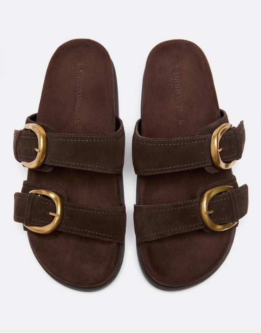 Stradivarius Wide Fit - - Brune flade sandaler med spænde i læder, 2 af 4