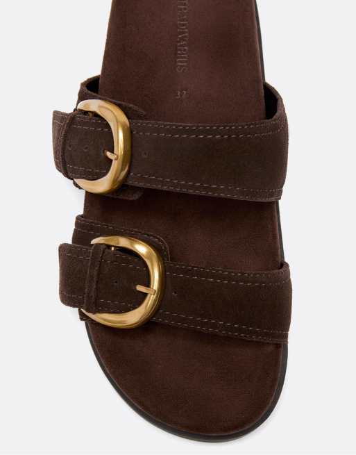 Stradivarius Wide Fit - - Brune flade sandaler med spænde i læder, 3 af 4