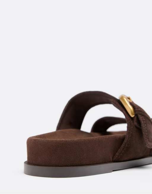 Stradivarius Wide Fit - - Brune flade sandaler med spænde i læder, 4 af 4