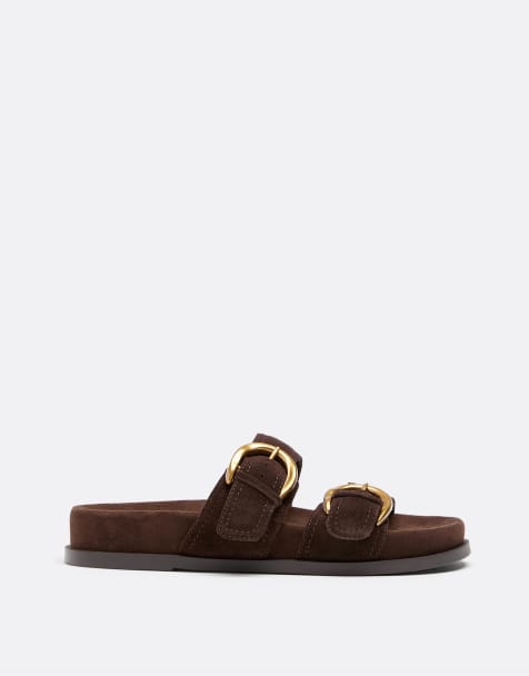 Stradivarius Wide Fit – Flache Ledersandalen in Braun mit Schnallen - view 1