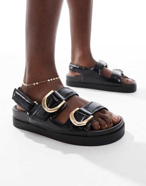 Stradivarius Wide Fit – Flache Sandalen in Schwarz mit dicker Sohle, weite Passform