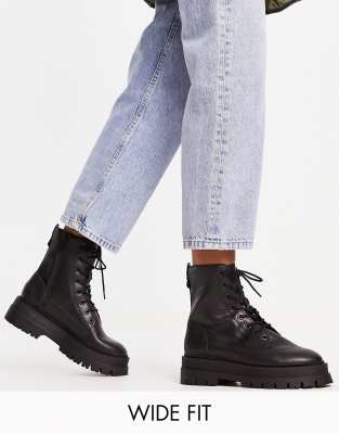 Stradivarius Wide Fit lace up flat ankle boot in black