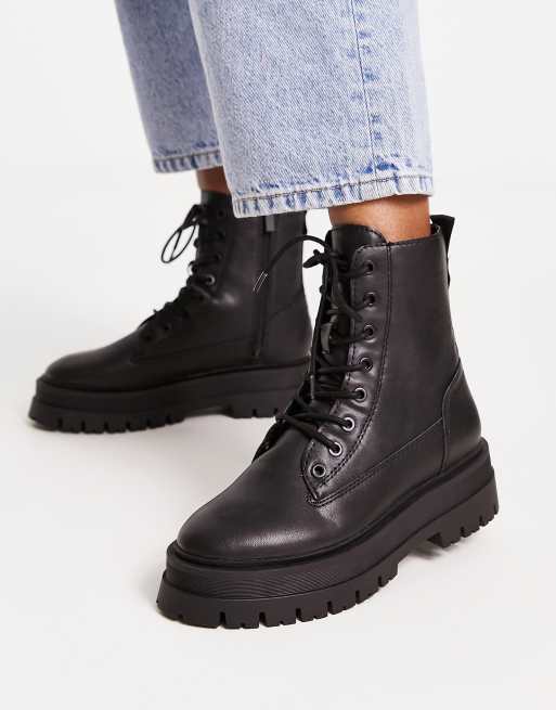 Stradivarius Wide Fit lace up flat ankle boot in black ASOS