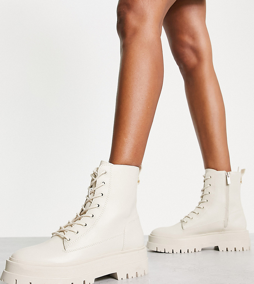 Stradivarius Wide Fit lace up flat ankle boot in ecru-White