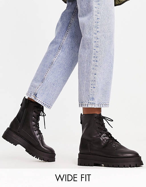 Relative Choose Out Stradivarius Wide Fit lace-up flat ankle boots in black | ASOS