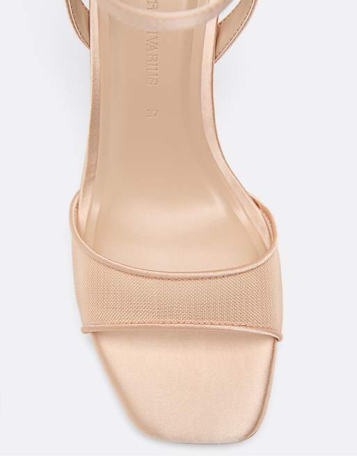 Stradivarius Wide fit. satin effect heeled sandals in beige, 2 of 4