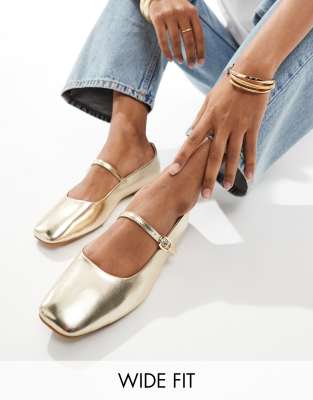 Stradivarius Wide Fit - Schlichte Ballerinas in Gold mit weiter Passform-Silber