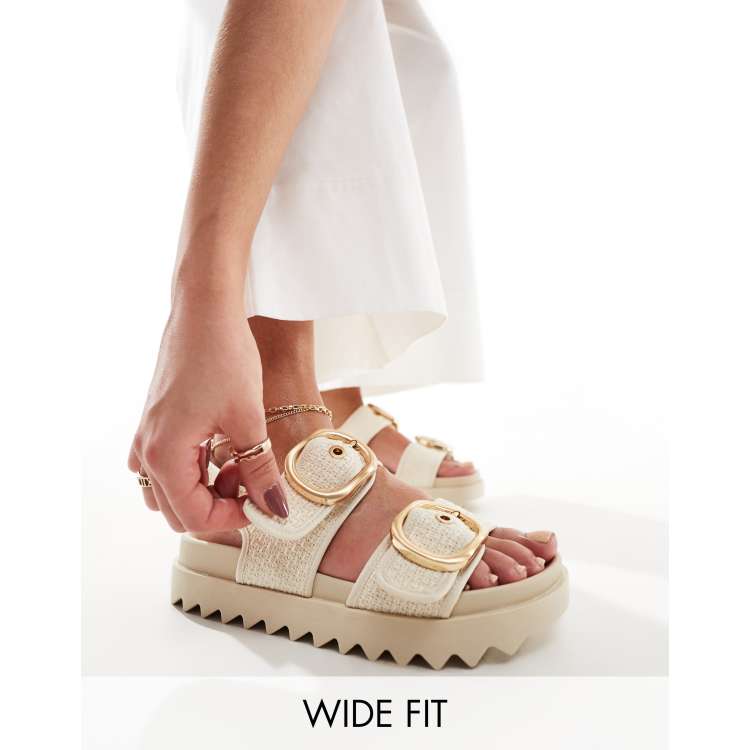 Stradivarius wide fit tweed buckle sandal in ecru | ASOS