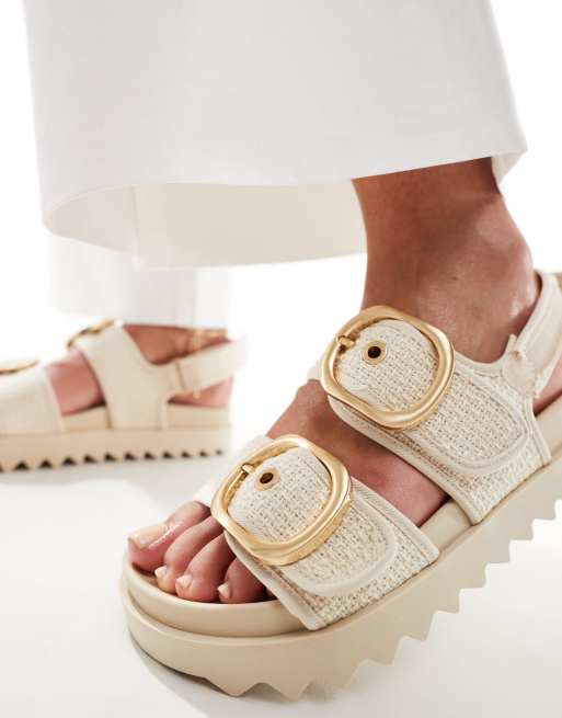 Stradivarius Wide Fit tweed buckle sandals in ecru | ASOS