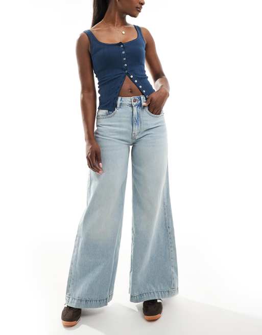 Stradivarius wide flare jeans in light wash blue