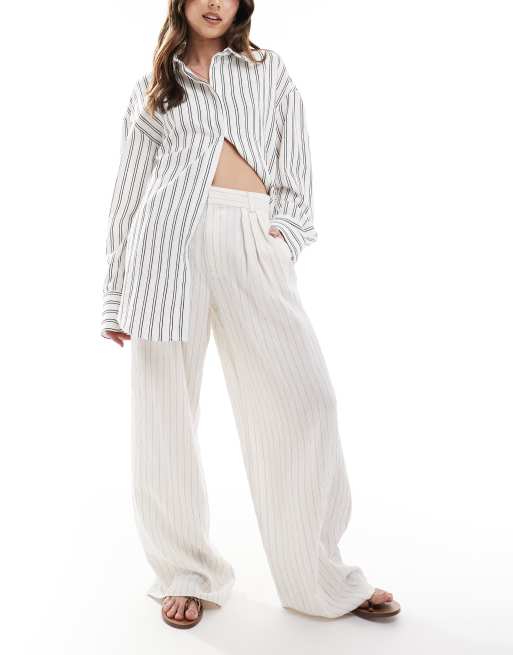 Stradivarius wide leg crinkle pleat front pants in ecru stripe