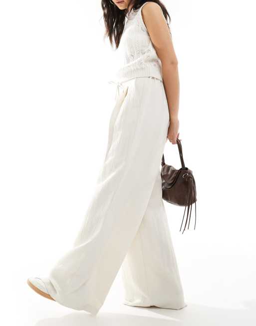 Stradivarius wide leg crinkle tie waist trouser in stone