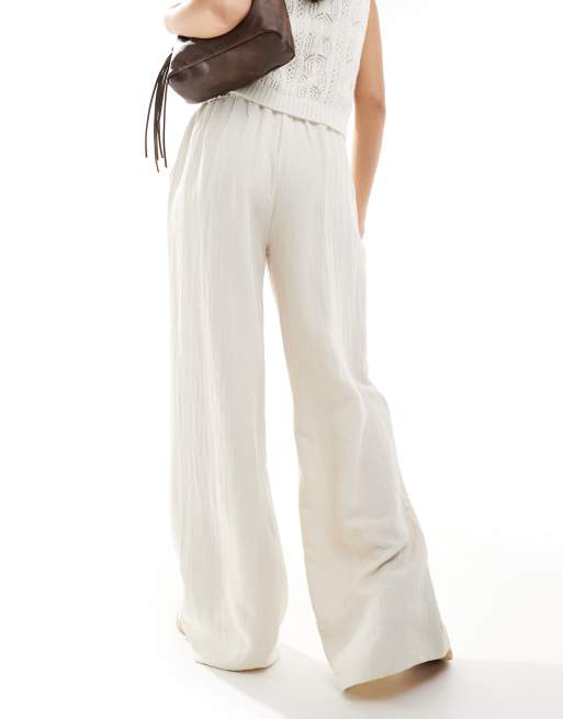 Stradivarius wide leg crinkle tie waist pants in stone, 3 of 5