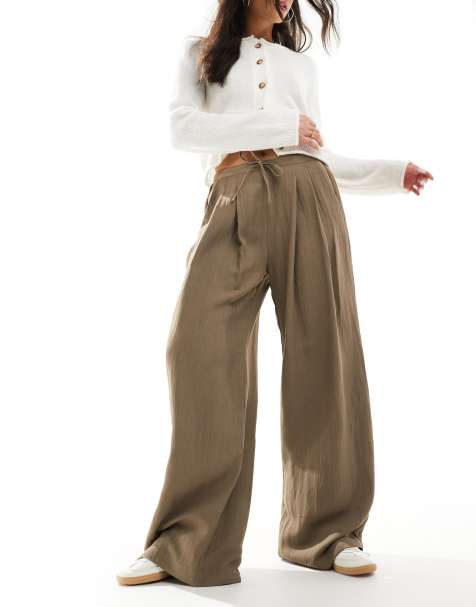 Stradivarius wide leg crinkle tie waist trouser in beige - view 1