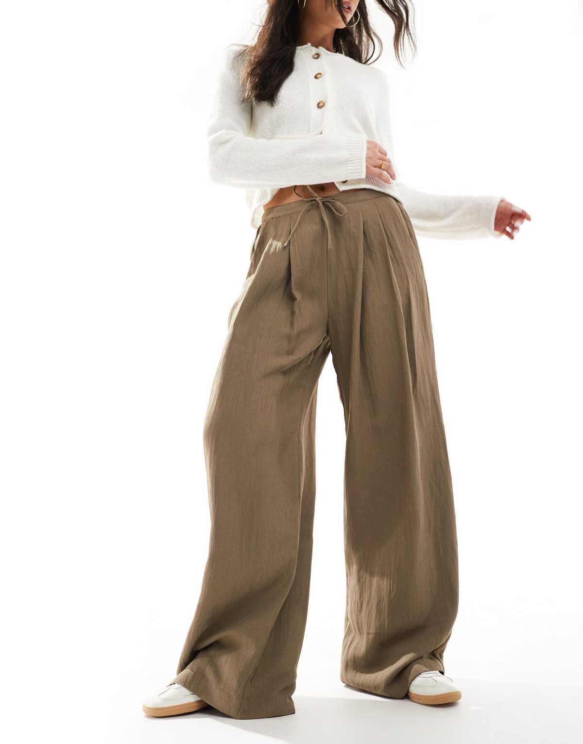 Stradivarius wide leg crinkle tie waist trouser in beige