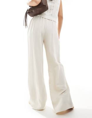 Stradivarius wide leg crinkle tie waist trouser in stone