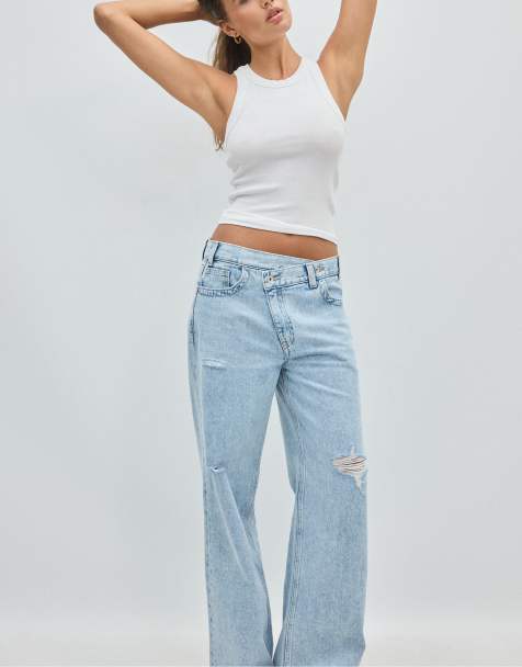 Stradivarius Wide-leg crossover waist jeans in medium light blue denim - view 1