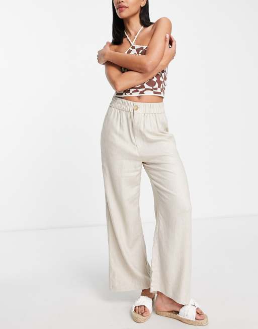 Stradivarius Wide Leg Culotte Linen Look Pants In Natural Asos