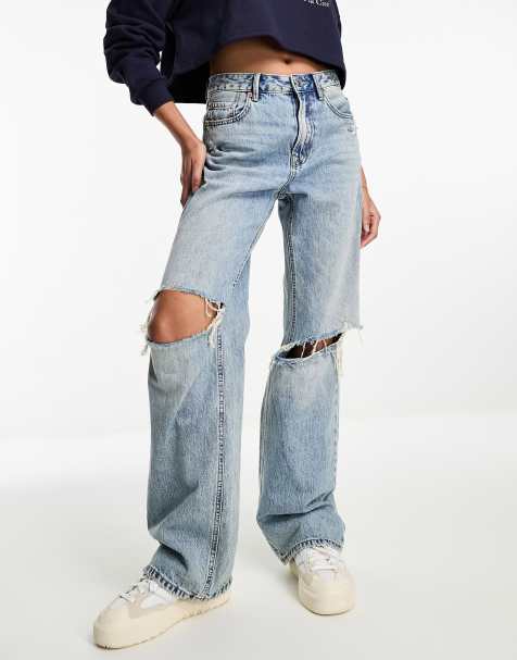 Retro Oversized Denim Wide High Jeans With Ripped Holes And