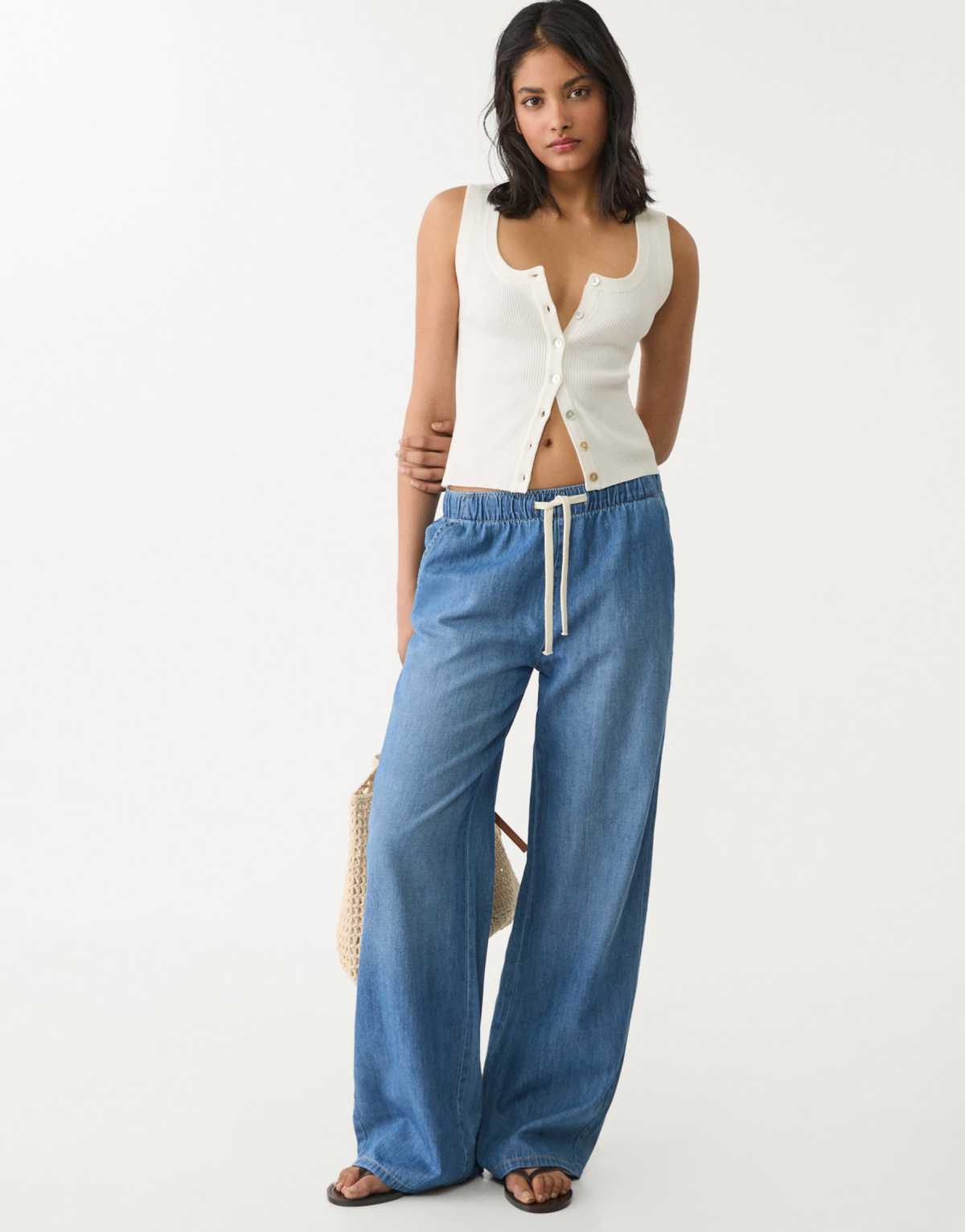 Stradivarius wide leg denim trousers with drawstring in medium blue