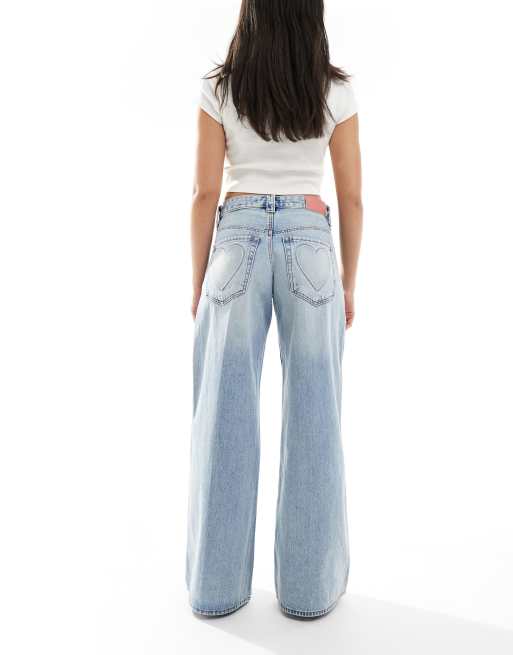 Stradivarius wide leg heart detail jeans in light wash blue