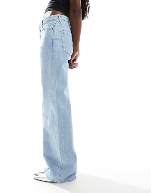Stradivarius wide leg jeans with embellishments in light blue