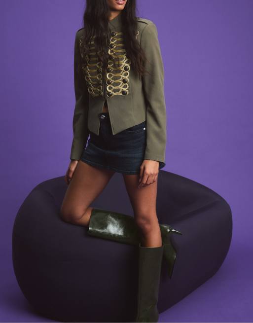 Stradivarius Wide-leg kitten heel boots in khaki, 4 of 7