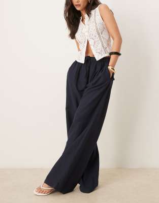 asos Stradivarius wide leg linen trousers in navy blue