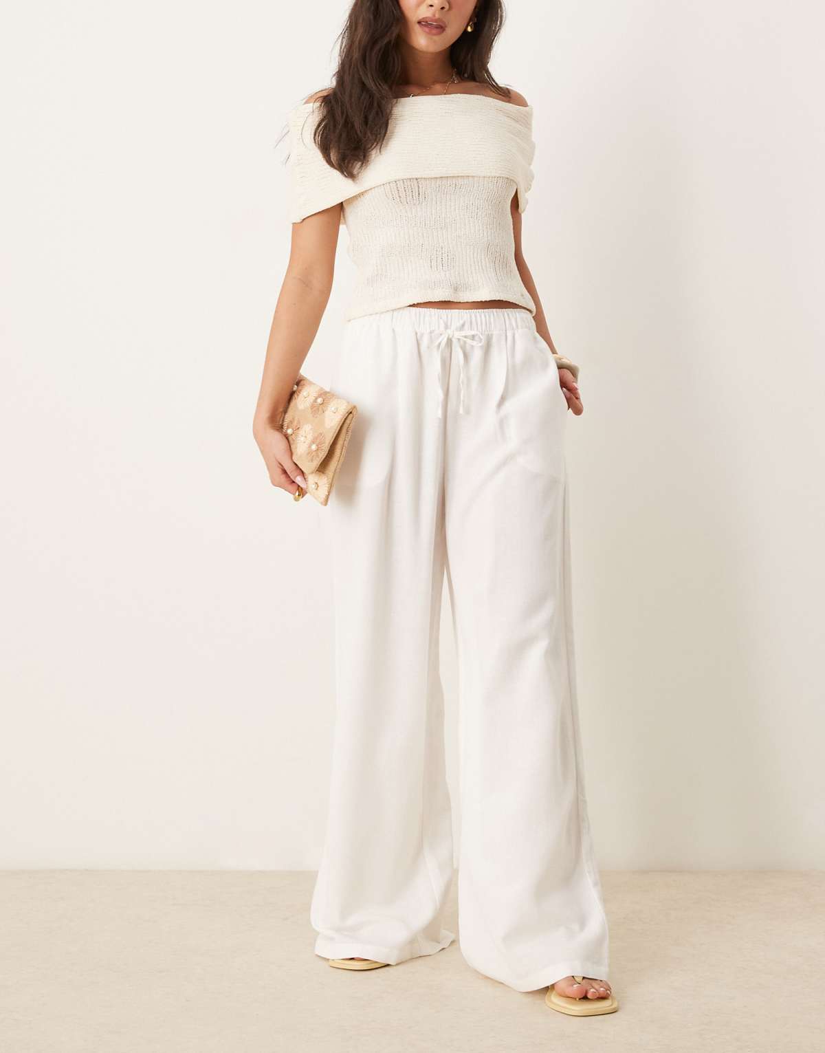 Stradivarius wide leg linen trousers in white