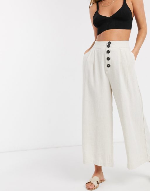 White Pants - Wide-Leg Pants - Side Button Pants - Women's Pants