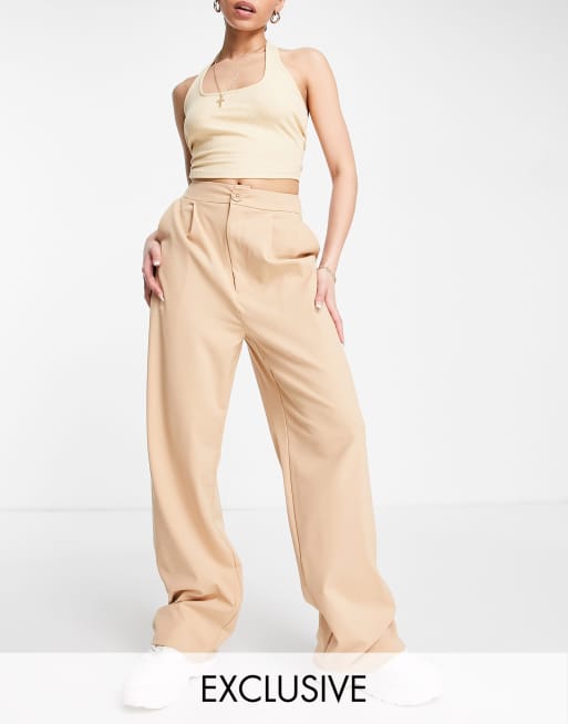 Beige prince of wales linen high waisted pleated lightweight Wide