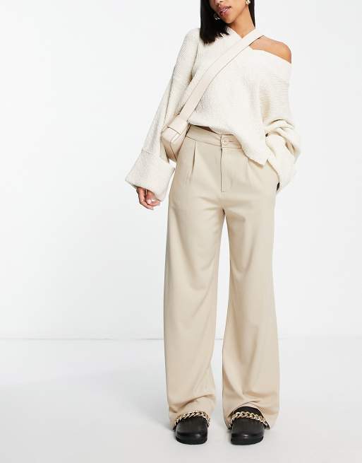 ASOS DESIGN wide leg dad pants with rolled waistband in khaki