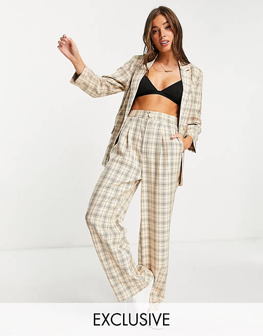 Women Stradivarius wide leg relaxed dad trousers co-ord in beige check 