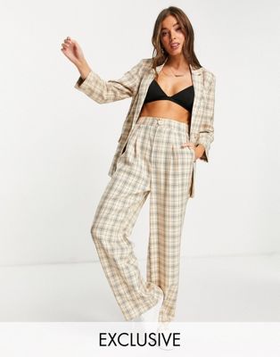 Stradivarius wide leg relaxed dad trousers co-ord in beige check - ASOS Price Checker