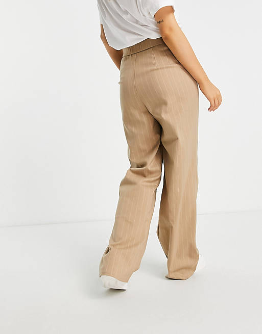  Stradivarius wide leg relaxed dad trousers co-ord in beige pinstripe 