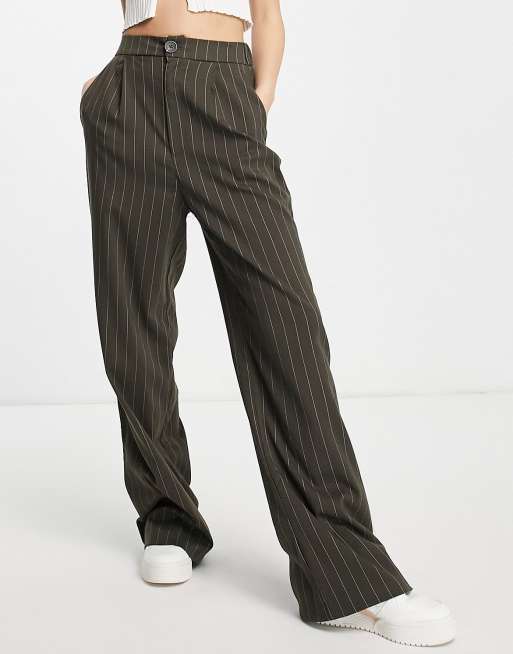 Stradivarius wide leg relaxed dad trousers in dark pinstripe