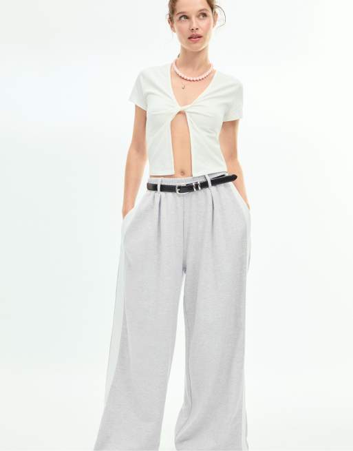 Stradivarius Wide-leg side stripe jogging trousers in grey melange, 2 of 6