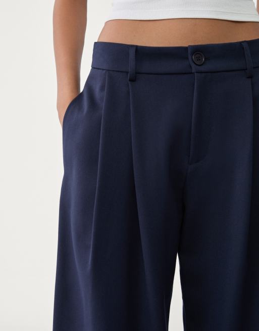 Stradivarius wide leg smart trousers with darts in navy blue