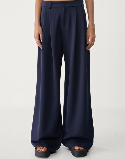 Stradivarius wide leg smart trousers with darts in navy blue