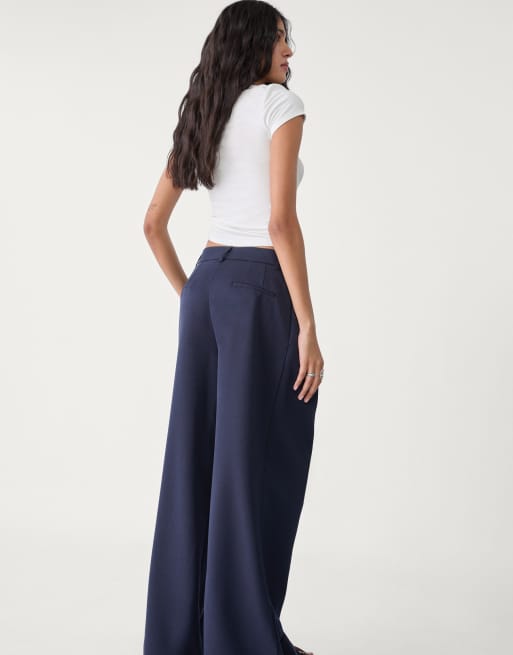 Stradivarius wide leg smart trousers with darts in navy blue