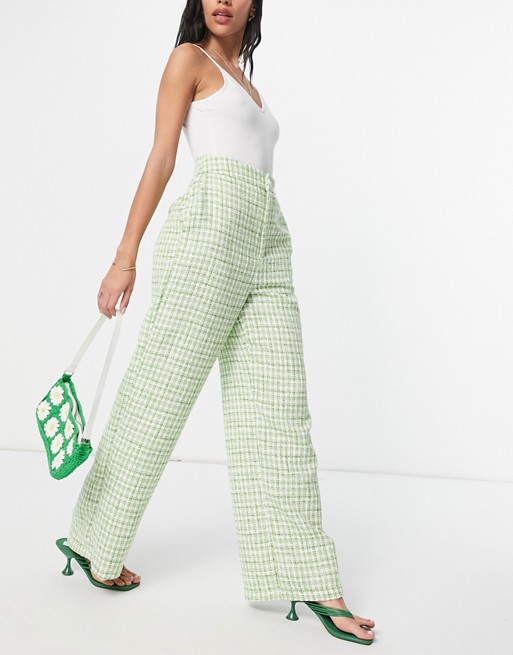 Stradivarius wide leg tailored dad trouser in green check