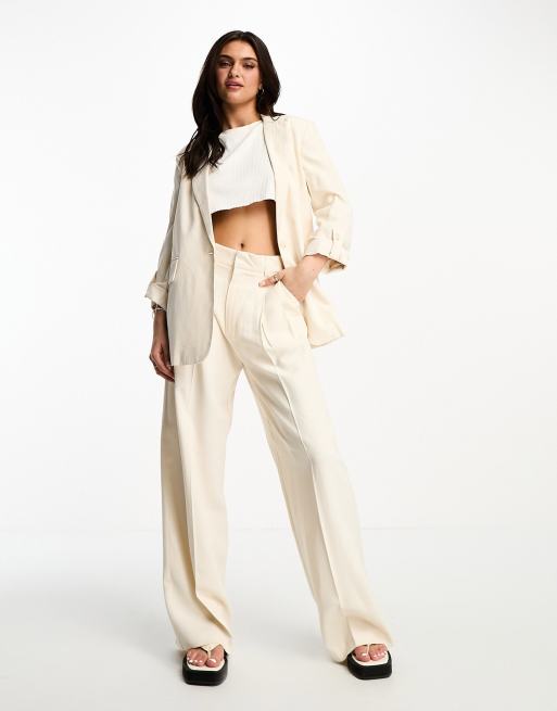 Stradivarius wide leg tailored pants with pleat detail in natural (part of a set)