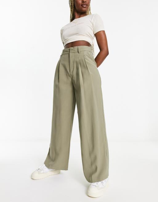 Stradivarius Wide Leg Tailored Pants With Ring Detail In Khaki Asos