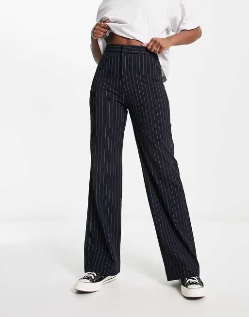 Stradivarius wide leg tailored trouser in navy pinstripe | ASOS