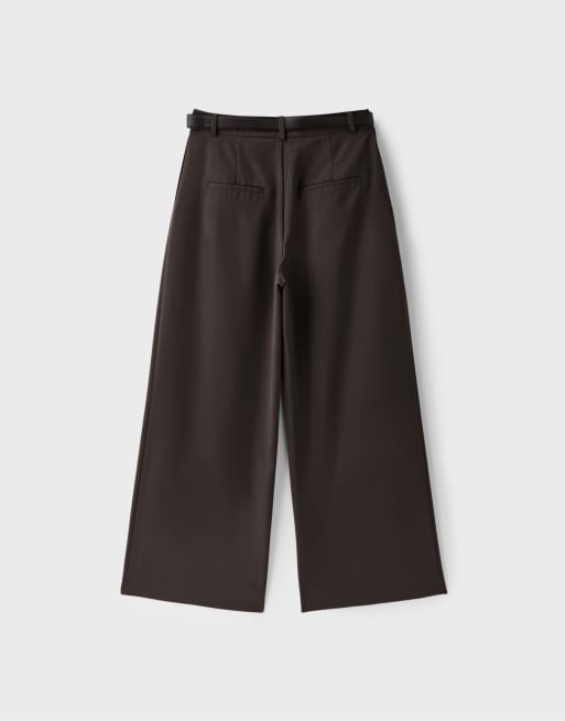 Stradivarius Wide-leg trousers with darts and belt in brown, 7 of 7