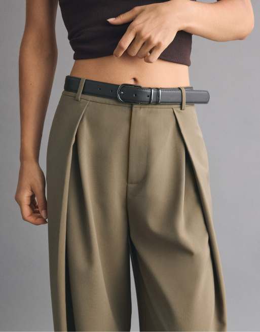 Stradivarius Wide-leg trousers with darts and belt in khaki, 4 of 7